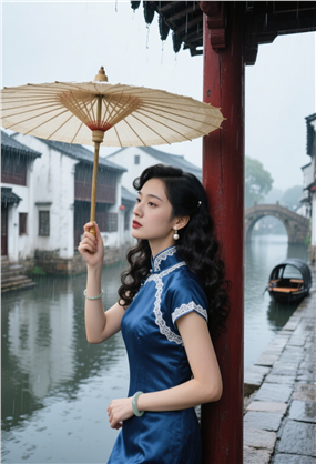 江南古镇撑着油纸伞的旗袍美女图片